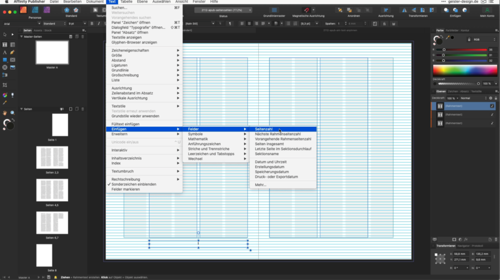 Affinity Publisher: Seitenzahlen anlegen, abgetrennt bzw. verknüpft bearbeiten